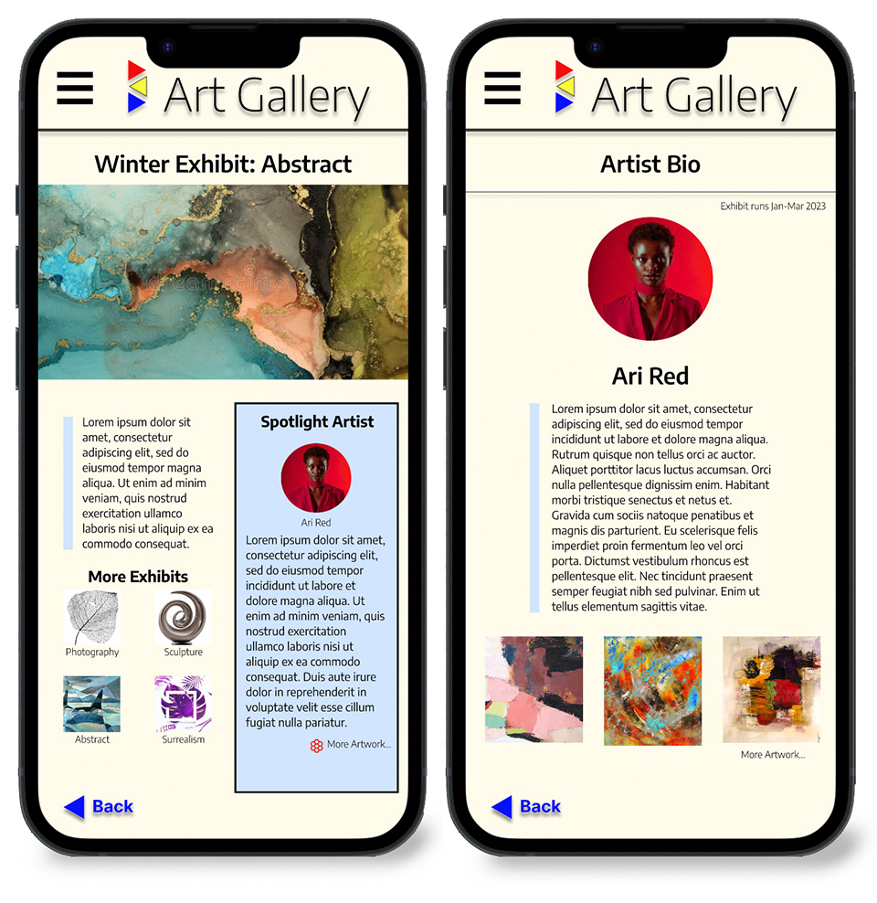 prototype screens of Art Gallery app: 1 showing the home screen of artwork and info about art showing; 2 showing an artist bio with artist photo and images of artwork