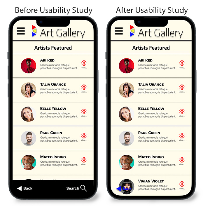 Before & after usability study showing the back button changed and the bar at the bottom of the screen removed.