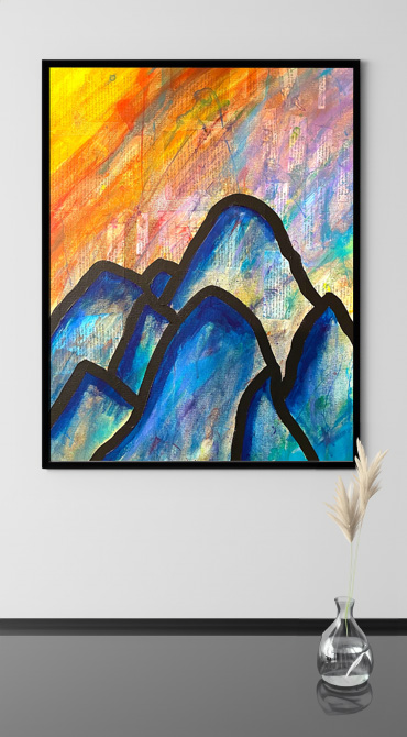 mixed media sun over mountains